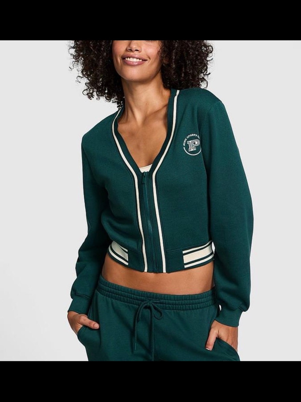 New Victorias Secret Pink Top (XXL) Crop Fleece Zip Varsity Logo Green